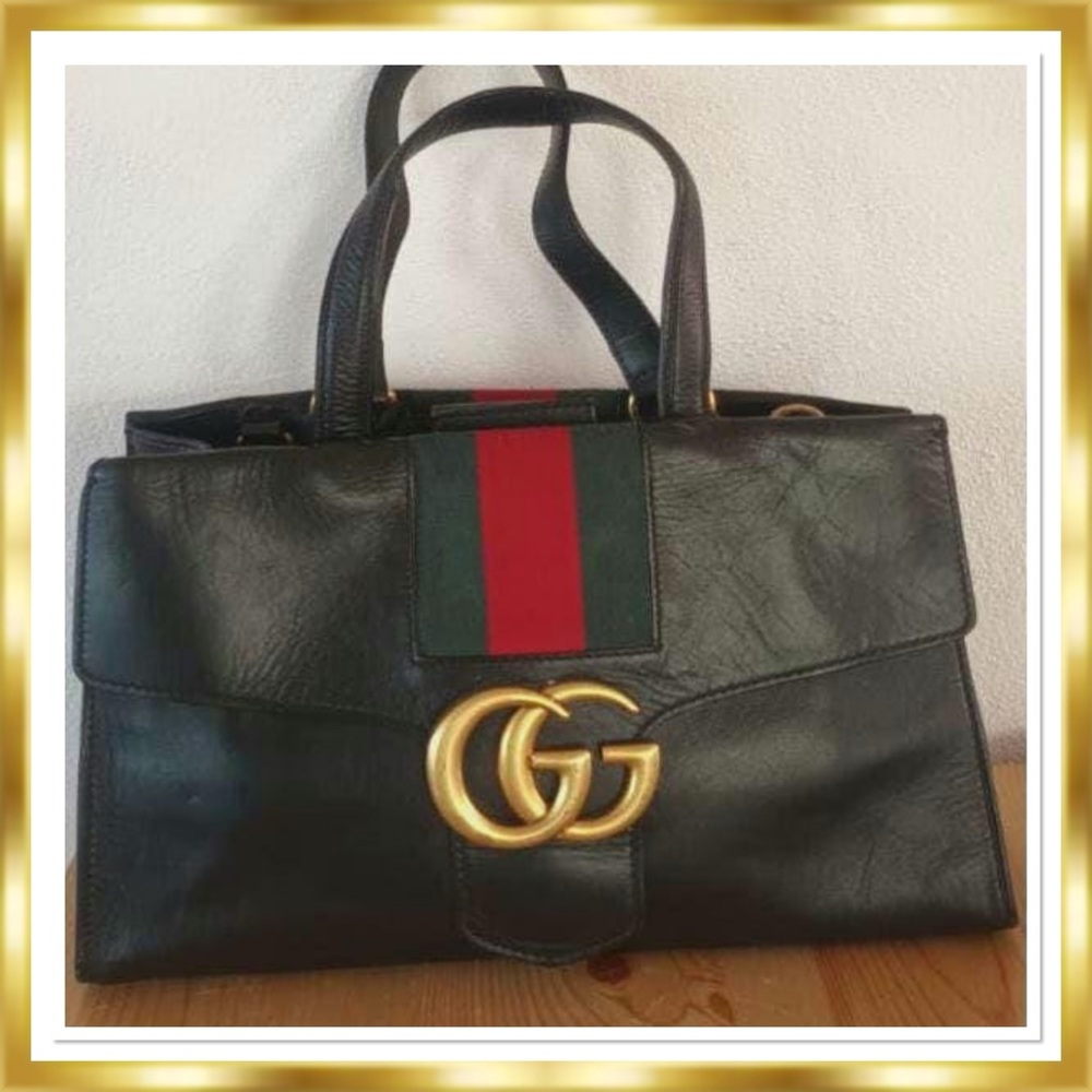 Gucci Leather Ophidia Stripe Marmont GG Logo Black Bag Gold Accents Floral Lined